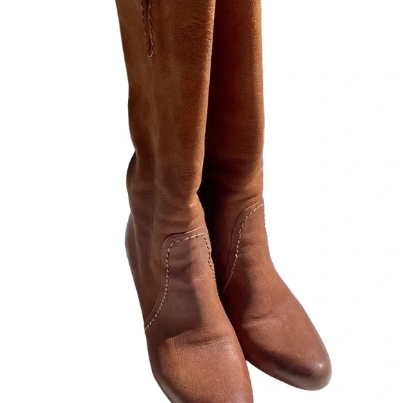 PRADA Leather Heel Mid Calf High Boots Brown Cognac Size 37.5 EU 7.5 US - Picture 5 of 11